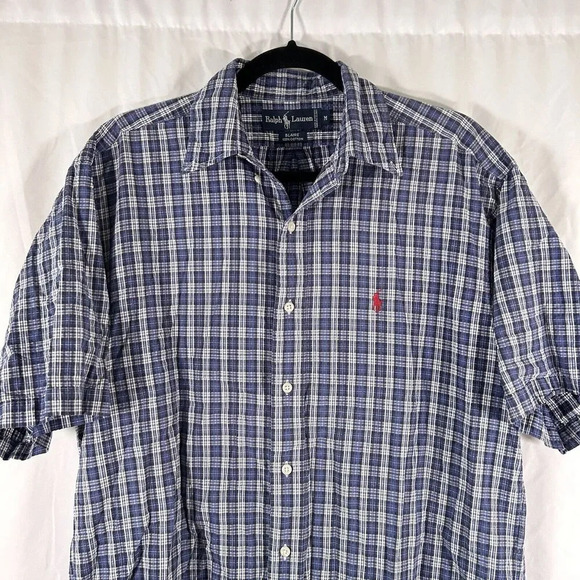 Ralph Lauren Shirt Men's Medium Blue Plaid Button Up Blair Short Sleeve Cotton - Picture 2 of 8